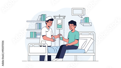 Male nurse in a medical uniform providing care by giving a glass of water to a patient sitting on a hospital bed.