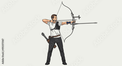 Archer in action drawing bow aiming at target sport and recreation vector