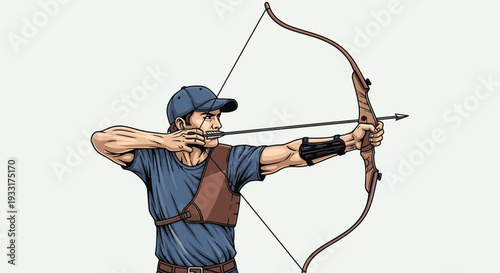 Archer in action aiming bow and arrow on white background