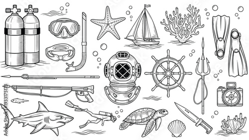 Detailed collection of vintage diving equipment, various fascinating sea creatures, and classic marine-themed items, all rendered in an intricate etched style.