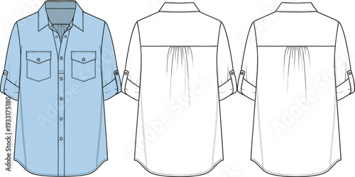 Women button down shirt vector illustration, front back and side view, long sleeve blouse with chest pockets, fashion technical flat sketch template