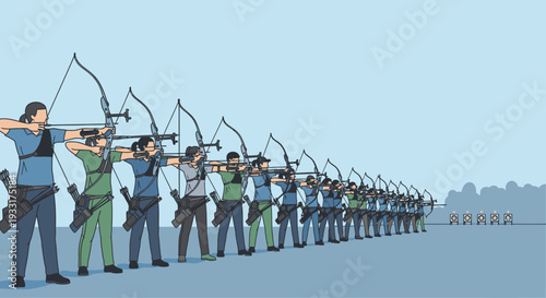 Archery team in action aiming arrows at target during competition