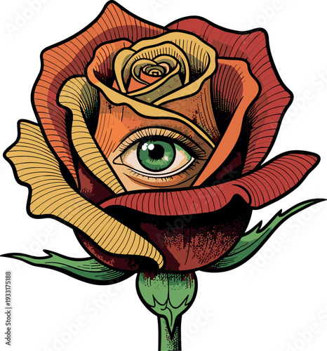 A detailed illustration of a rose with a human eye at its center on transparent background