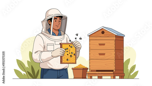 Skilled beekeeper, dressed in a protective suit, carefully holds a frame of honeycomb teeming with bees, next to a traditional wooden beehive.