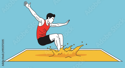 Athlete in mid air performing a long jump over a sandy surface