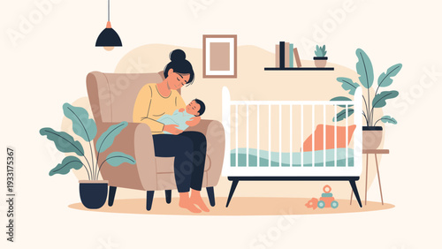 Tender mother lovingly holds her newborn baby in a cozy nursery, surrounded by a white crib, cheerful houseplants, and gentle home decor.