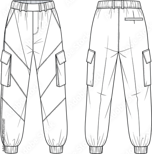 Women cargo jogger pants vector template, front and back view elastic waistband utility trousers technical fashion flat sketch illustration