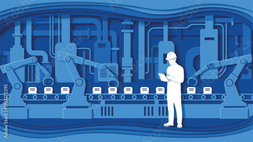 Engineer in a hard hat diligently oversees an advanced automated production line, complete with robotic arms and conveyor belts, depicted in a futuristic blue layered paper-cut style.