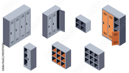 Comprehensive set of isometric illustrations showcasing various metal lockers and modular storage cubes in different configurations and colors, ideal for schools or offices.