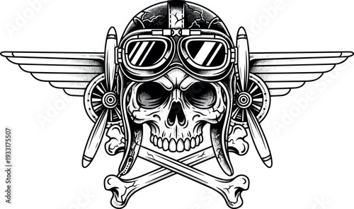 A detailed illustration of a human skull wearing vintage pilot goggles on transparent background
