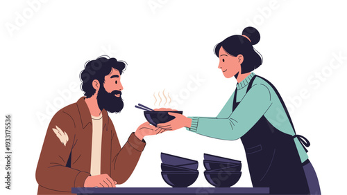 Kind woman serves a steaming bowl of food to a grateful man with a beard, suggesting an act of hospitality, charity, or a restaurant meal.