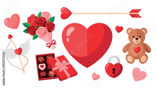 A collection of romantic love-themed items including hearts and a teddy bear on transparent background