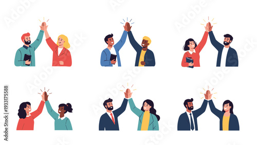Six vibrant illustrations depict diverse pairs of people from various backgrounds enthusiastically giving each other high-fives, symbolizing successful teamwork and camaraderie.