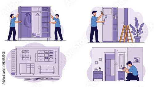 Four illustrations depicting men assembling various pieces of furniture, including wardrobes and cabinets, highlighting home improvement or assembly services.