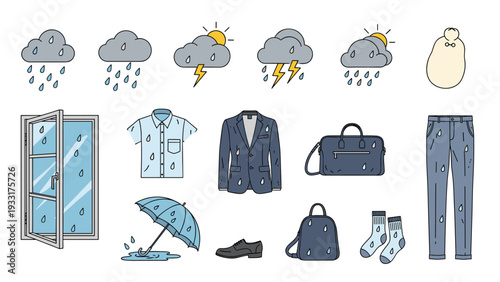Diverse collection of rainy weather icons including wet clothes, a rainy window, umbrellas, and stormy weather clouds.