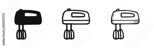 Handheld Electric Mixer Icon Set for Kitchen Use, Solid, Outline, and Sketch Styles