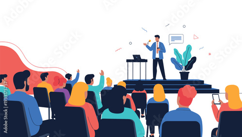 Dynamic speaker delivering an engaging presentation on a stage to a large, diverse audience at a professional conference or seminar.