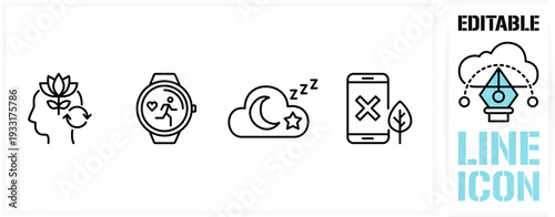 Editable line icon set - simple clean vector outline stroke. Daily healthy habits. Meditation, mental balance, smart watch activity, deep sleep and digital disconnect. Wellness strategy life balance
