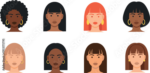 A diverse group of eight women with different hairstyles and skin tones on transparent background