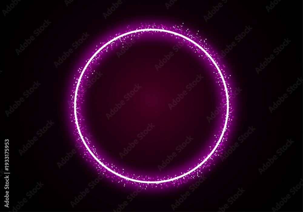 Obraz premium Neon glowing pink circular ring frame with glittering dust particles on dark background. Electric luminous neon light effect shiny circular border for modern design and mockups. Vector illustration.