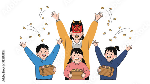 Happy family including parents and children celebrating the Setsubun festival by throwing roasted beans to ward off evil.