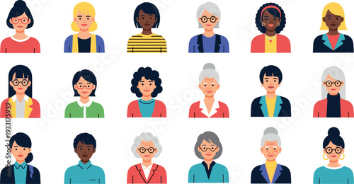 A diverse group of women with varied hairstyles and clothing posing together on transparent background