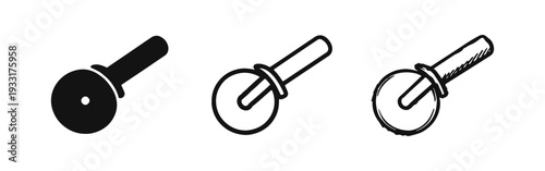Pizza Cutter Wheel Icon Set in Solid, Outline, and Hand-Drawn Styles
