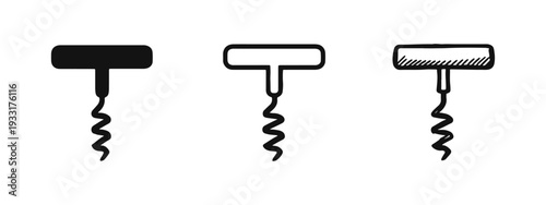 Wine Bottle Corkscrew Icon Set in Solid, Line Art, and Sketch Style