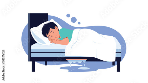 Illustration of a young boy sleeping peacefully in bed unaware that he has wet the mattress during the middle of the night.