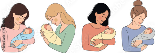Four women lovingly holding their newborn babies in a series of tender moments on transparent background
