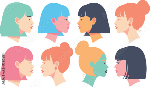 A diverse group of women with different hairstyles and hair colors posing together on transparent background