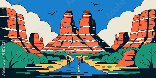 USA, US, U.S, United States - Ultra‑wide flat‑vector adventure panorama of a U.S. desert hiking trail with towering buttes, dramatic open terrain, and bold American wilderness scenery.