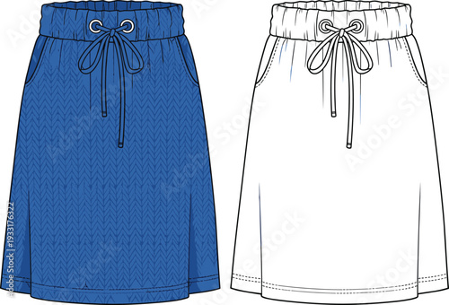Women drawstring waist skirt vector template, front and back view casual knee length knit skirt technical fashion flat sketch