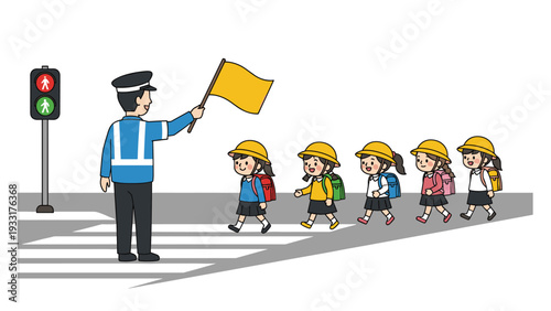 Responsible crossing guard holding a yellow flag while guiding a line of young school children safely across a street crosswalk.