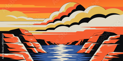USA, US, U.S, United States - Vibrant Canyon Sunset – Bold Geometric Landscape with River, Cliffs, Dramatic Sky, and Modern Abstract Poster Style for Prints, Posters, Wall Art, and Nature‑Inspired 
