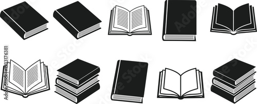 Black silhouette icons of various books and stacks of books on a white background open book closed book