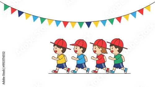Group of energetic young children running in a race under a colorful bunting banner at a school sports day festival.