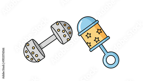 Pair of colorful baby rattle toys with one featuring small dots and the other decorated with stars for infant entertainment.