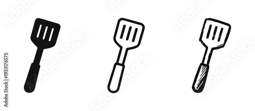 Slotted Spatula Icon Set: Kitchen Utensil in Glyph, Outline, and Hand-Drawn Styles for Cooking and Frying
