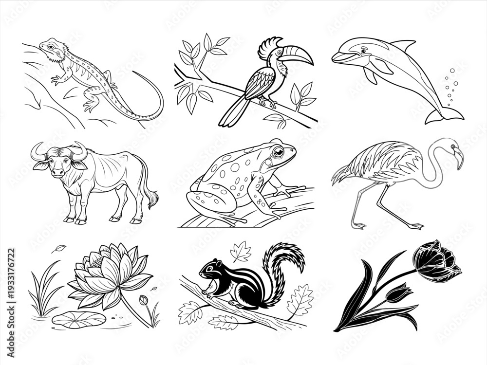 Naklejka premium animal, bird, and flower black vector bundle