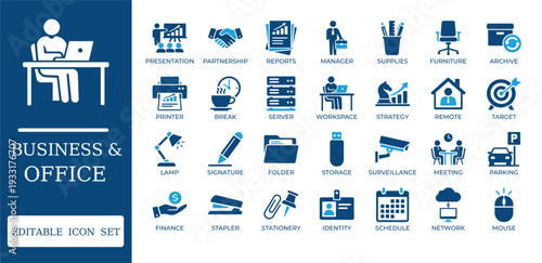 Business and Office Management Icons. Featuring professional workplace supplies, strategy, finance, and remote work symbols. Editable vector set for corporate reports and apps.
