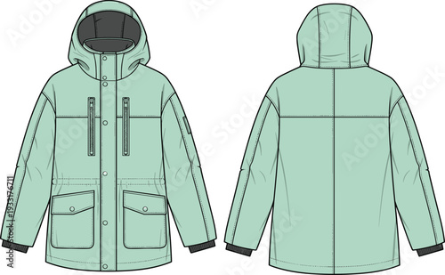 Women hooded winter parka jacket vector template, front and back view insulated coat with pockets, technical fashion flat sketch illustration design