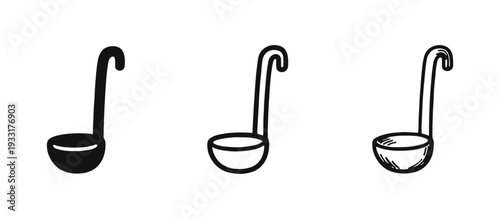 Kitchen Ladle Icon Set: Cooking Utensil in Glyph, Outline, and Hand-Drawn Styles for Soup and Sauce