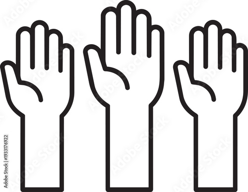 Three raised open hands outline icon representing democratic voting volunteer participation pledge consensus and support