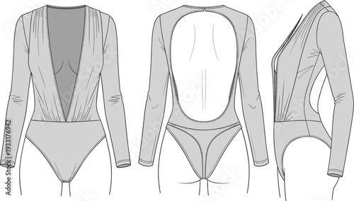 Women long sleeve bodysuit vector template, front back and side view deep V neck open back leotard, technical fashion flat sketch