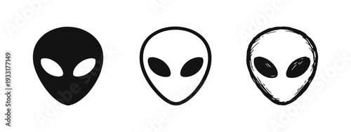 Alien Head Icon Set: Extraterrestrial Face in Glyph, Outline, and Hand-Drawn Styles for Sci-Fi and UFO