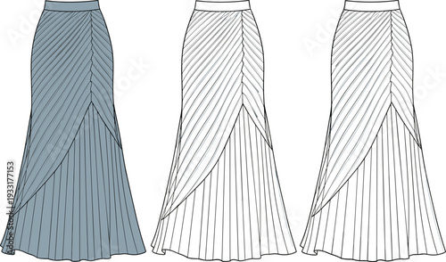 Women pleated maxi skirt vector illustration, high waist asymmetrical layered long skirt front view fashion technical drawing template