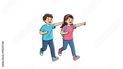 Two happy elementary school children with backpacks running and pointing towards the future while smiling on a clean white background.