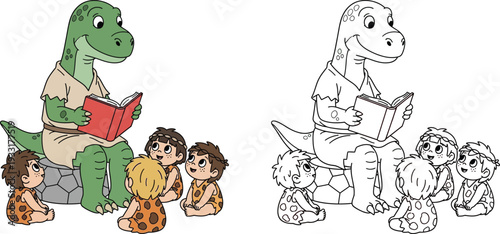 Friendly Cartoon Dinosaur Reading to Caveman Children Educational Coloring Page for Kids