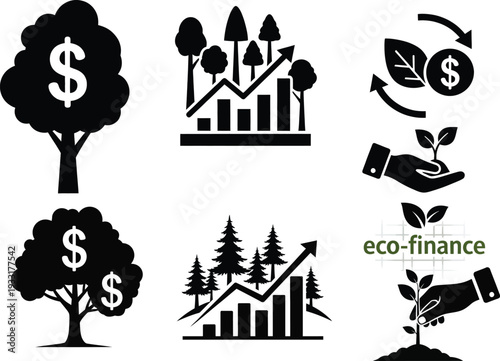 Eco-finance Icons Representing Growth and Sustainability Through Investments in Nature and Green Initiatives